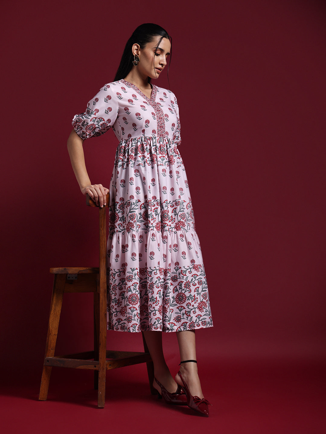Pink Floral Printed Tiered Midi Dress