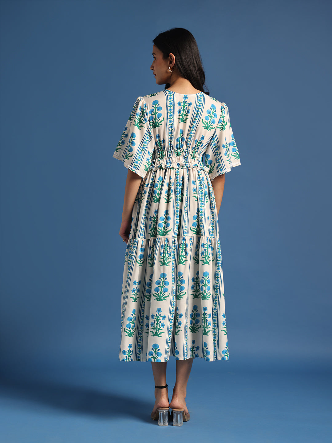 White & Blue Floral Printed Tiered Midi Dress