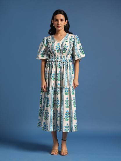 White & Blue Floral Printed Tiered Midi Dress