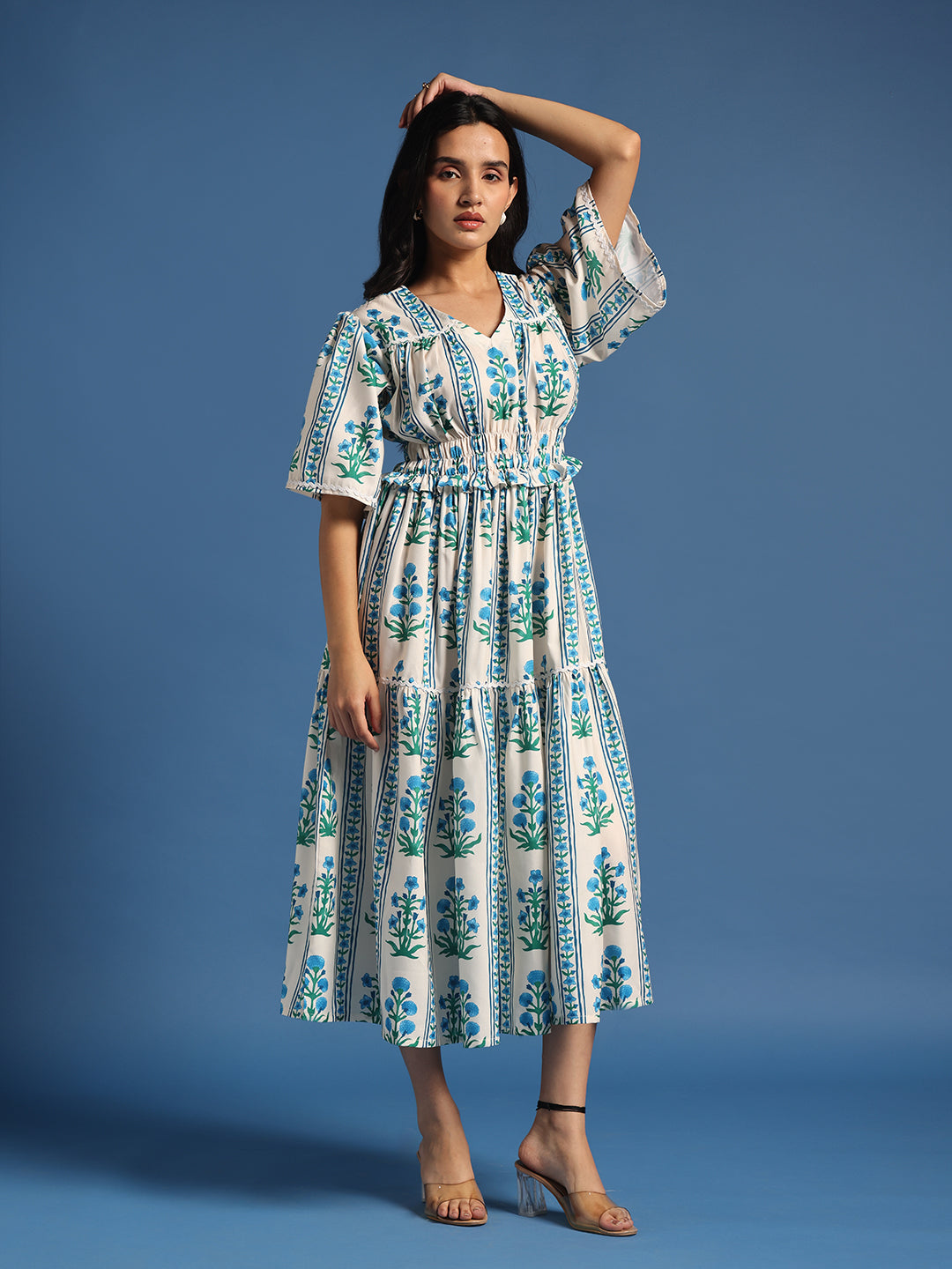 White & Blue Floral Printed Tiered Midi Dress