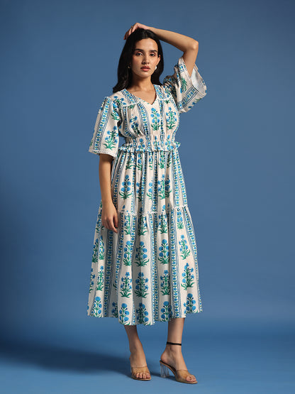 White & Blue Floral Printed Tiered Midi Dress
