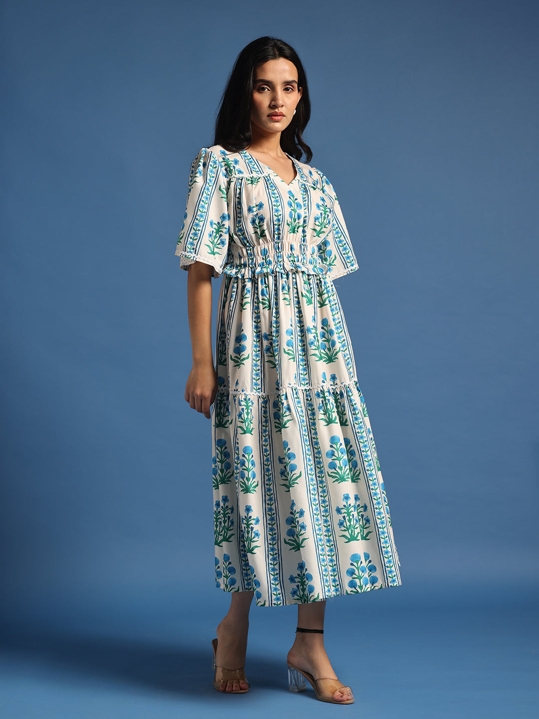 White & Blue Floral Printed Tiered Midi Dress