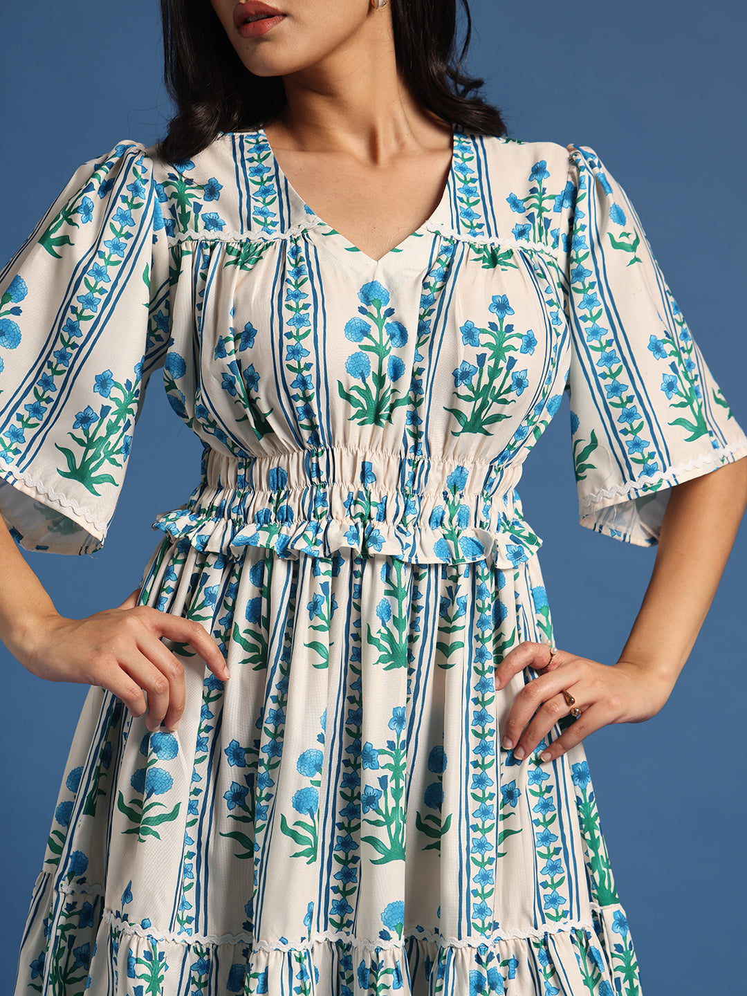 White & Blue Floral Printed Tiered Midi Dress