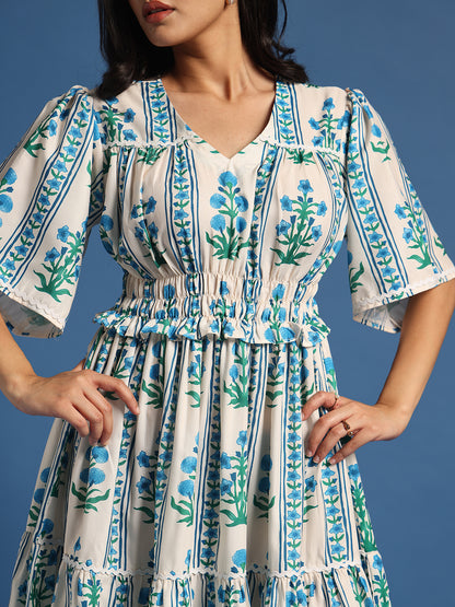 White & Blue Floral Printed Tiered Midi Dress