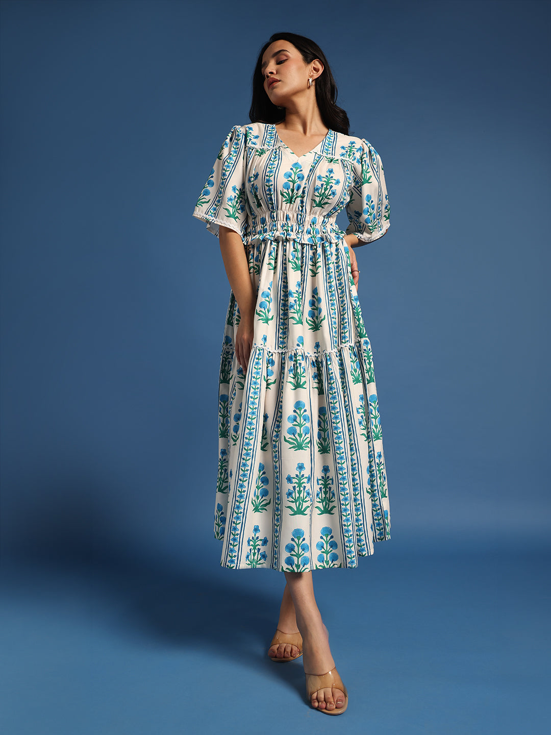 White & Blue Floral Printed Tiered Midi Dress
