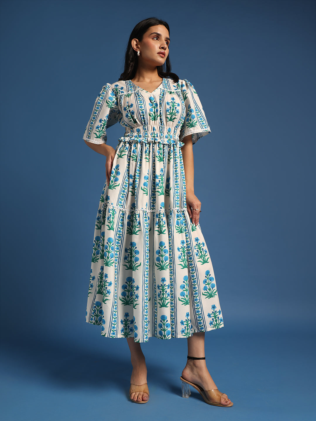 White & Blue Floral Printed Tiered Midi Dress