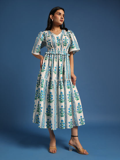 White & Blue Floral Printed Tiered Midi Dress