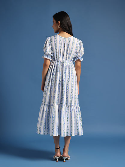 White & Blue Floral Printed Tiered Midi Dress