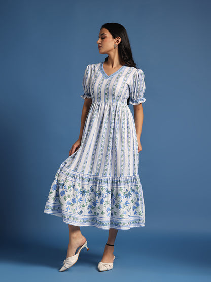 White & Blue Floral Printed Tiered Midi Dress