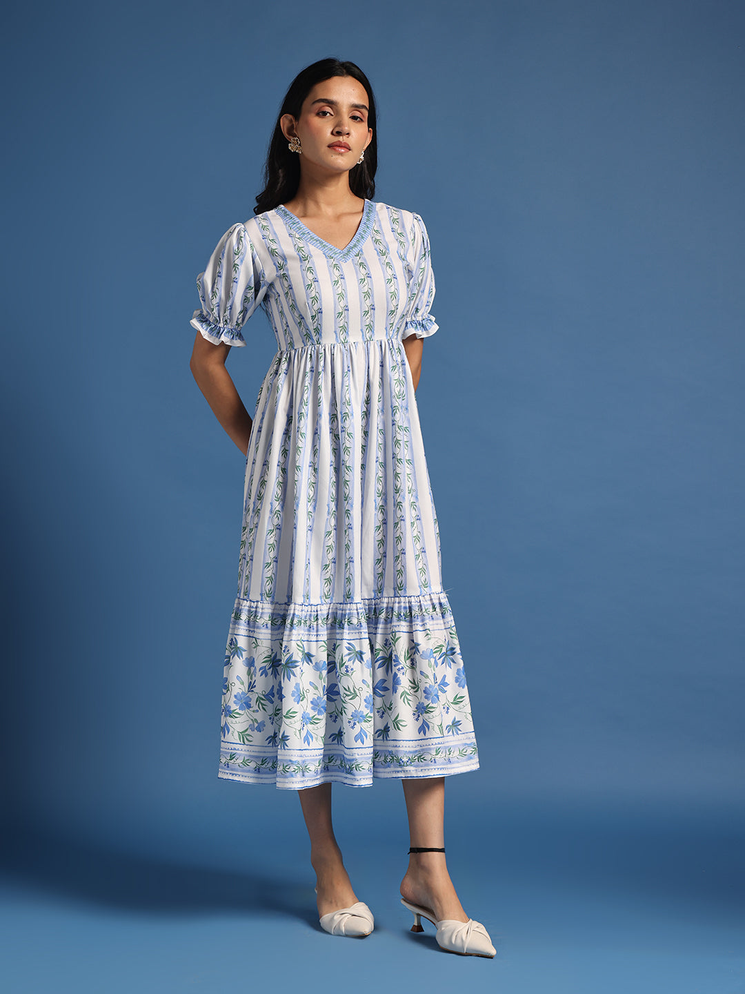 White & Blue Floral Printed Tiered Midi Dress