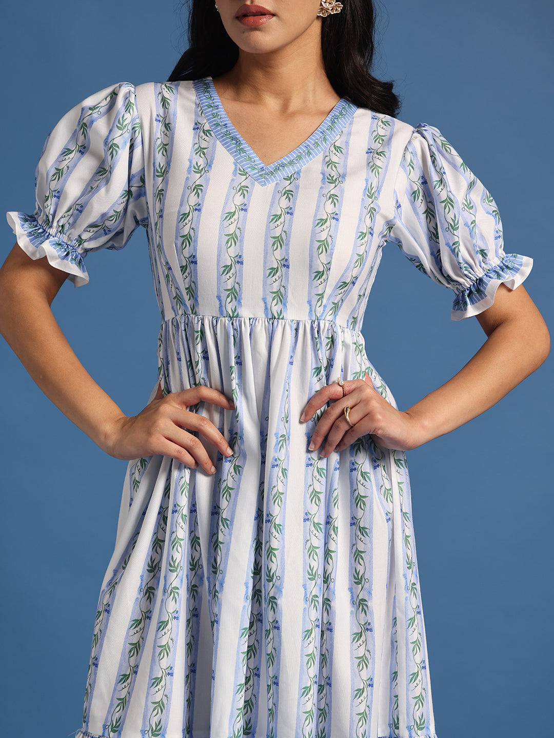 White & Blue Floral Printed Tiered Midi Dress