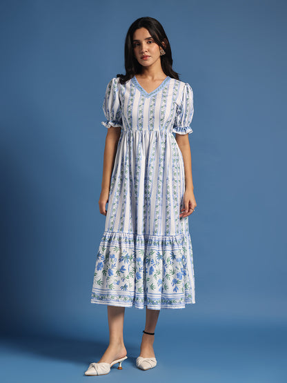 White & Blue Floral Printed Tiered Midi Dress