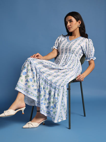 White & Blue Floral Printed Tiered Midi Dress