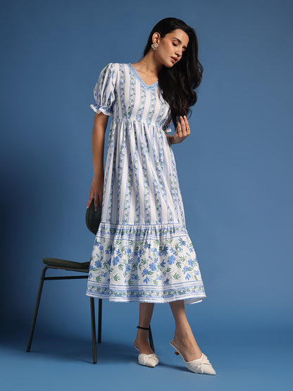 White & Blue Floral Printed Tiered Midi Dress