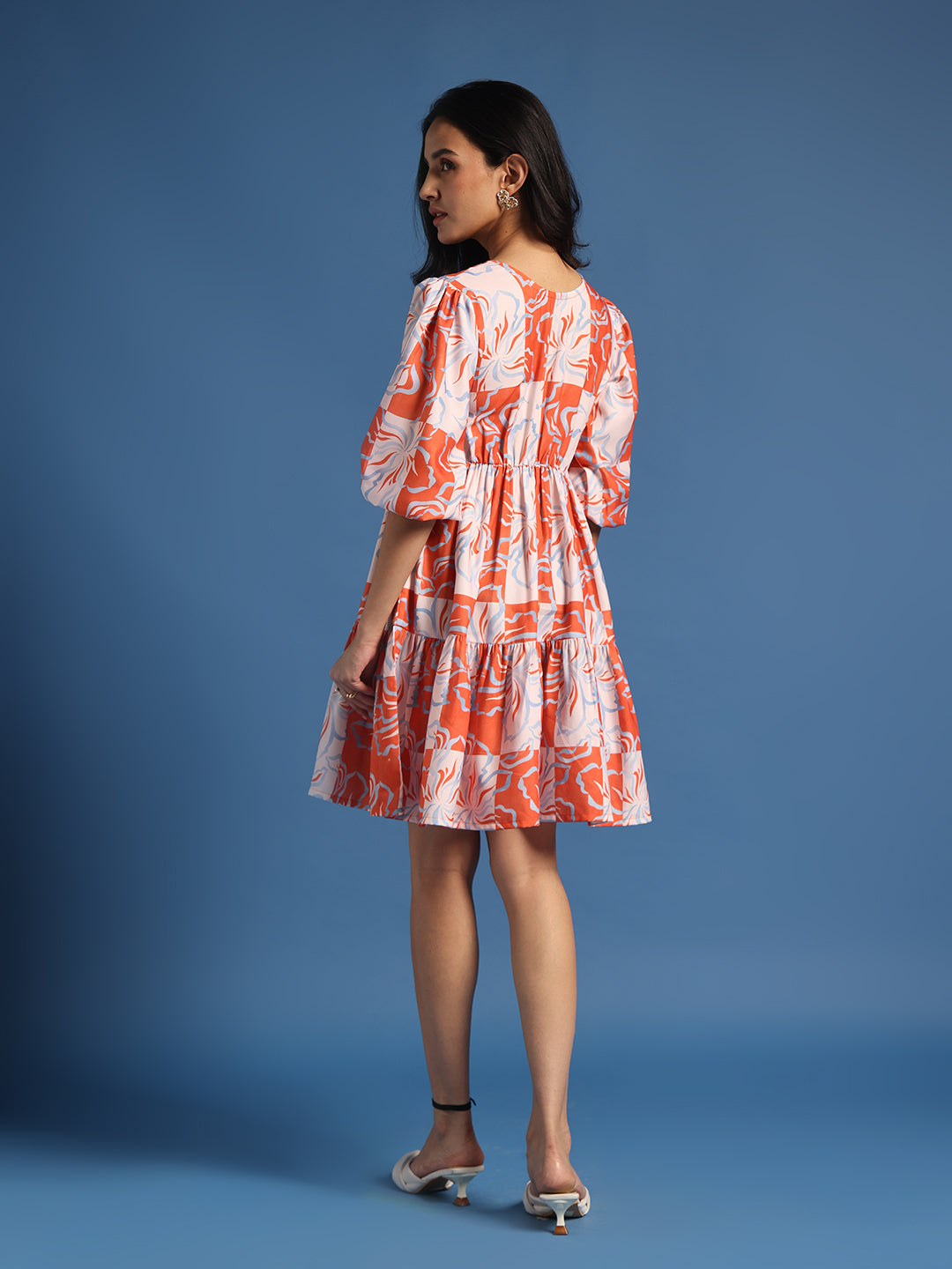 Orange & White Abstract Printed Mini Dress