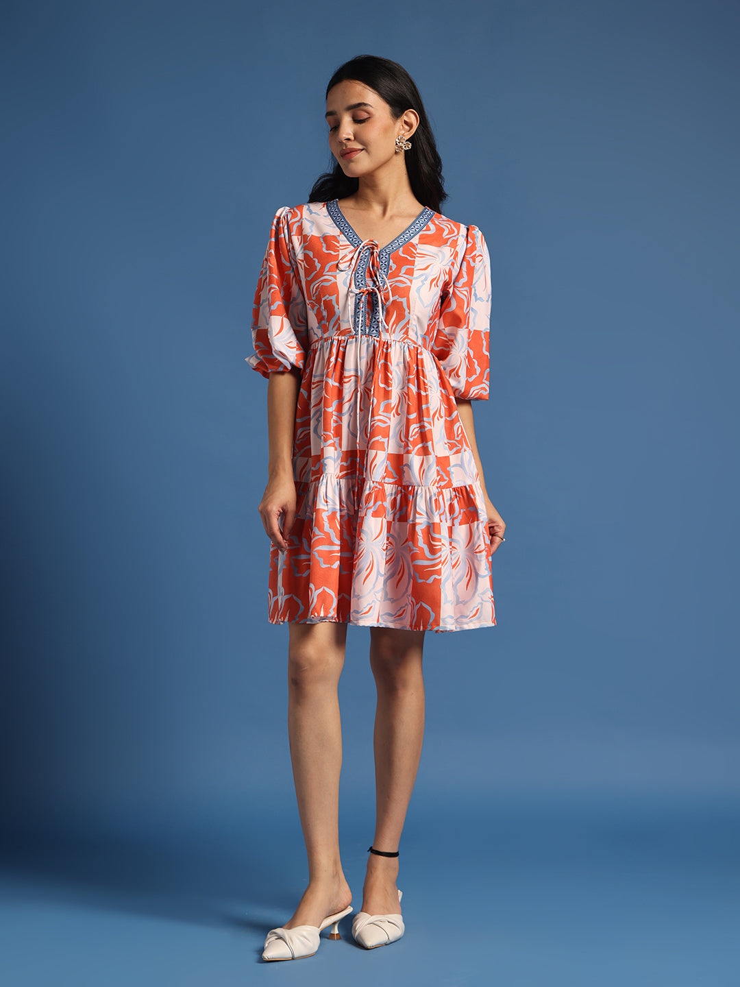 Orange & White Abstract Printed Mini Dress