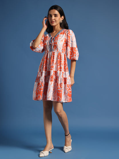 Orange & White Abstract Printed Mini Dress
