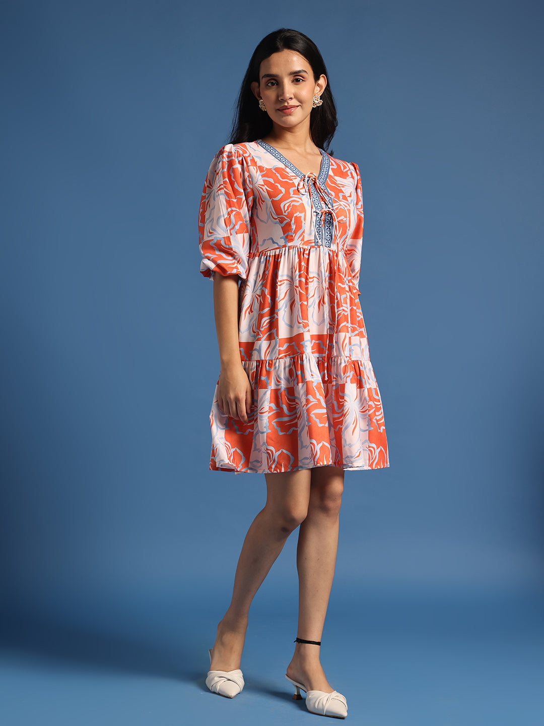 Orange & White Abstract Printed Mini Dress