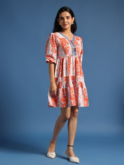 Orange & White Abstract Printed Mini Dress