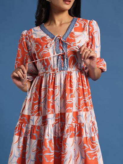 Orange & White Abstract Printed Mini Dress