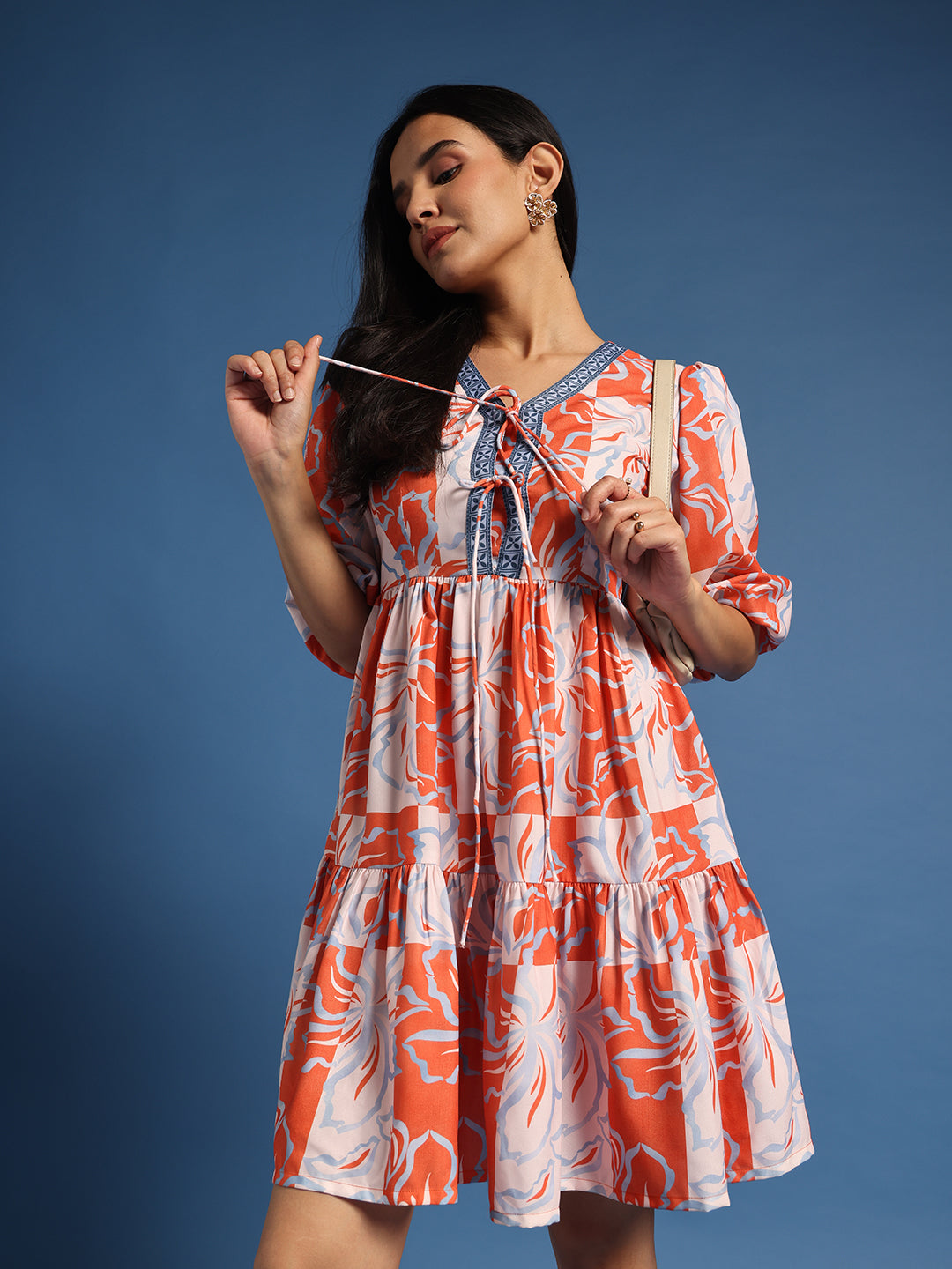 Orange & White Abstract Printed Mini Dress