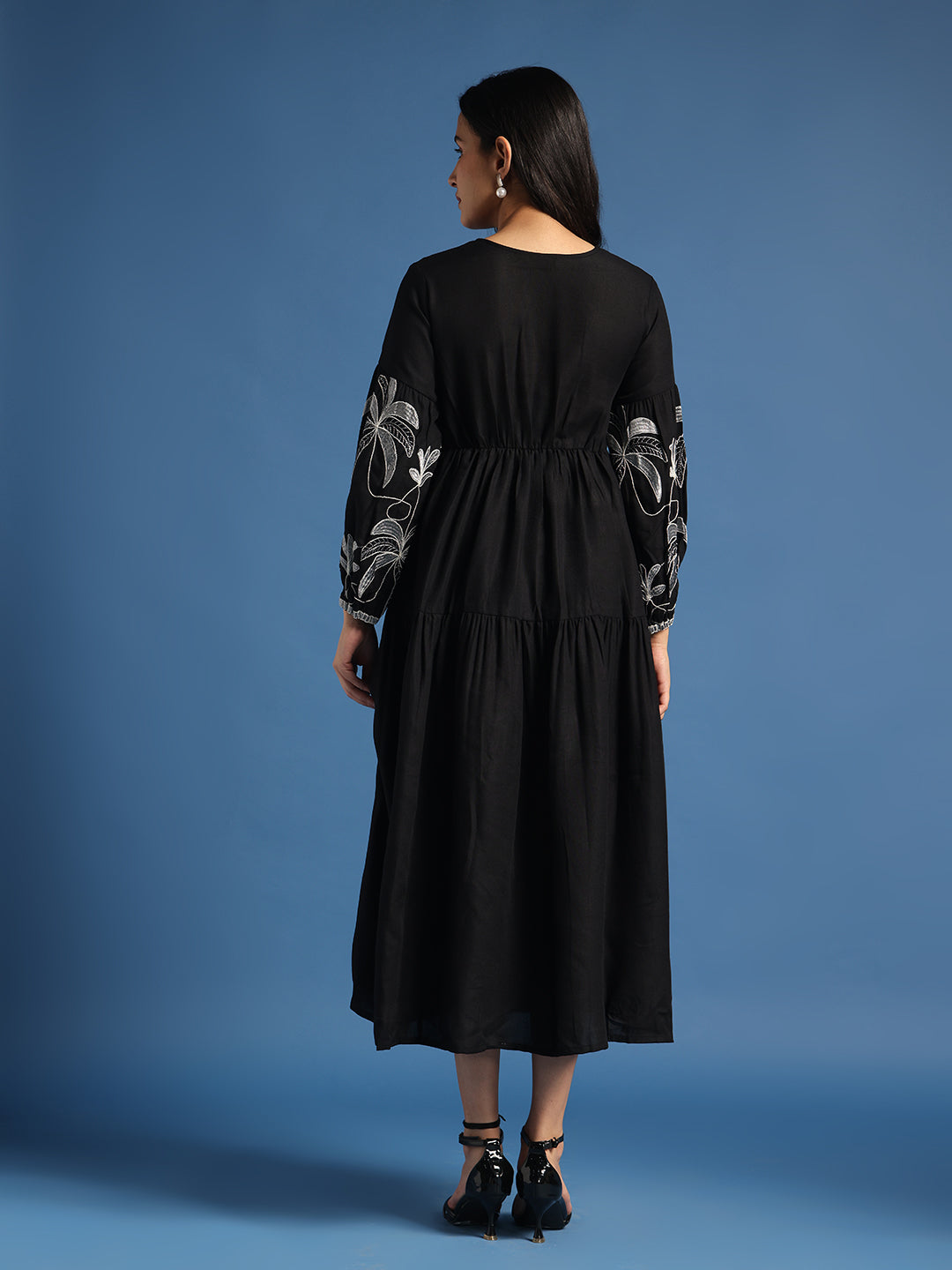 Black Floral Embroidered Tiered Midi Dress