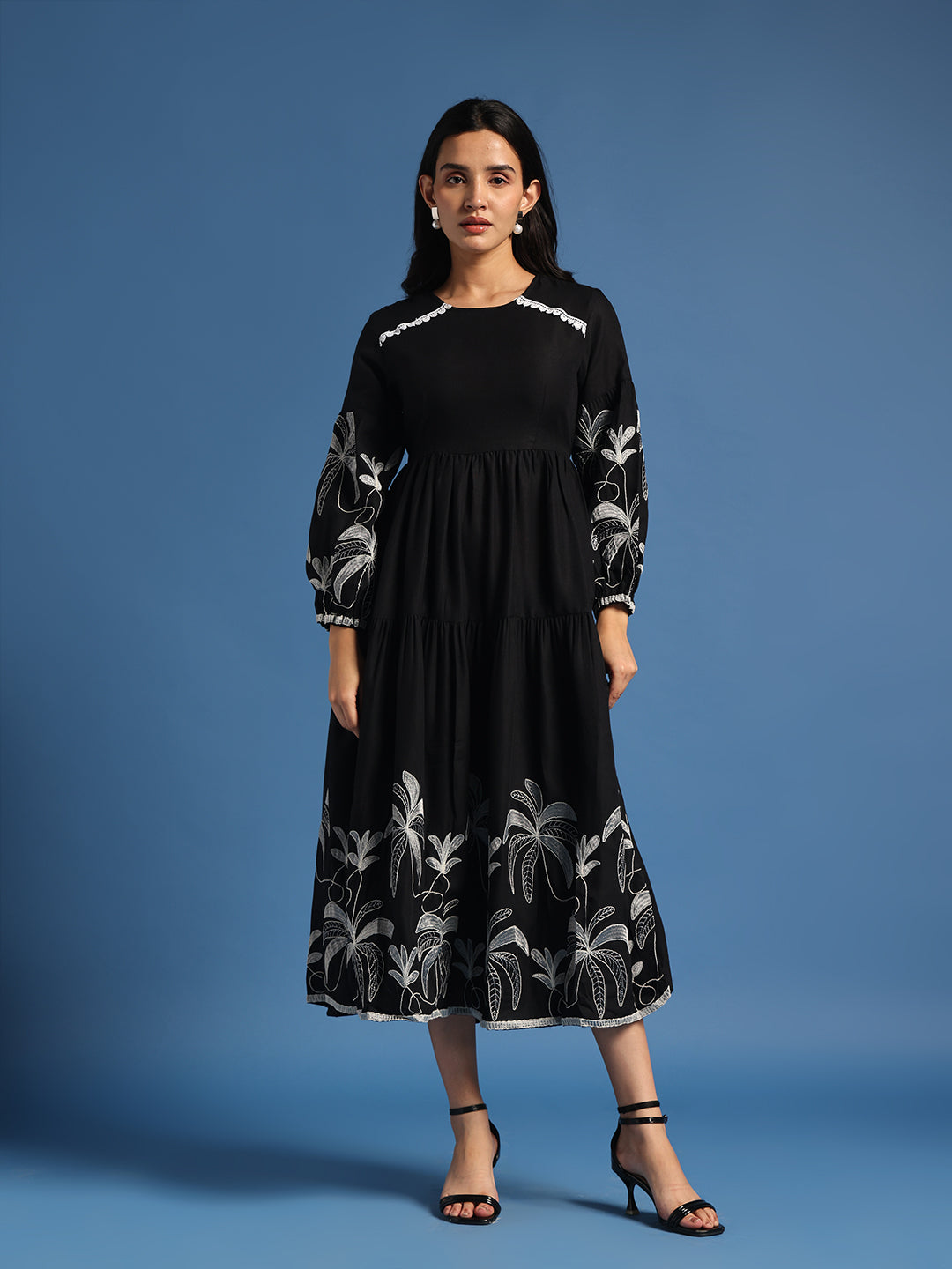 Black Floral Embroidered Tiered Midi Dress