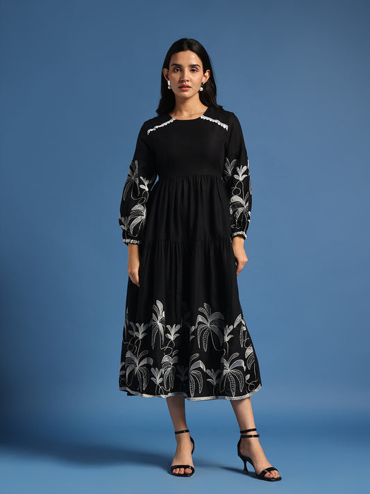 Black Floral Embroidered Tiered Midi Dress