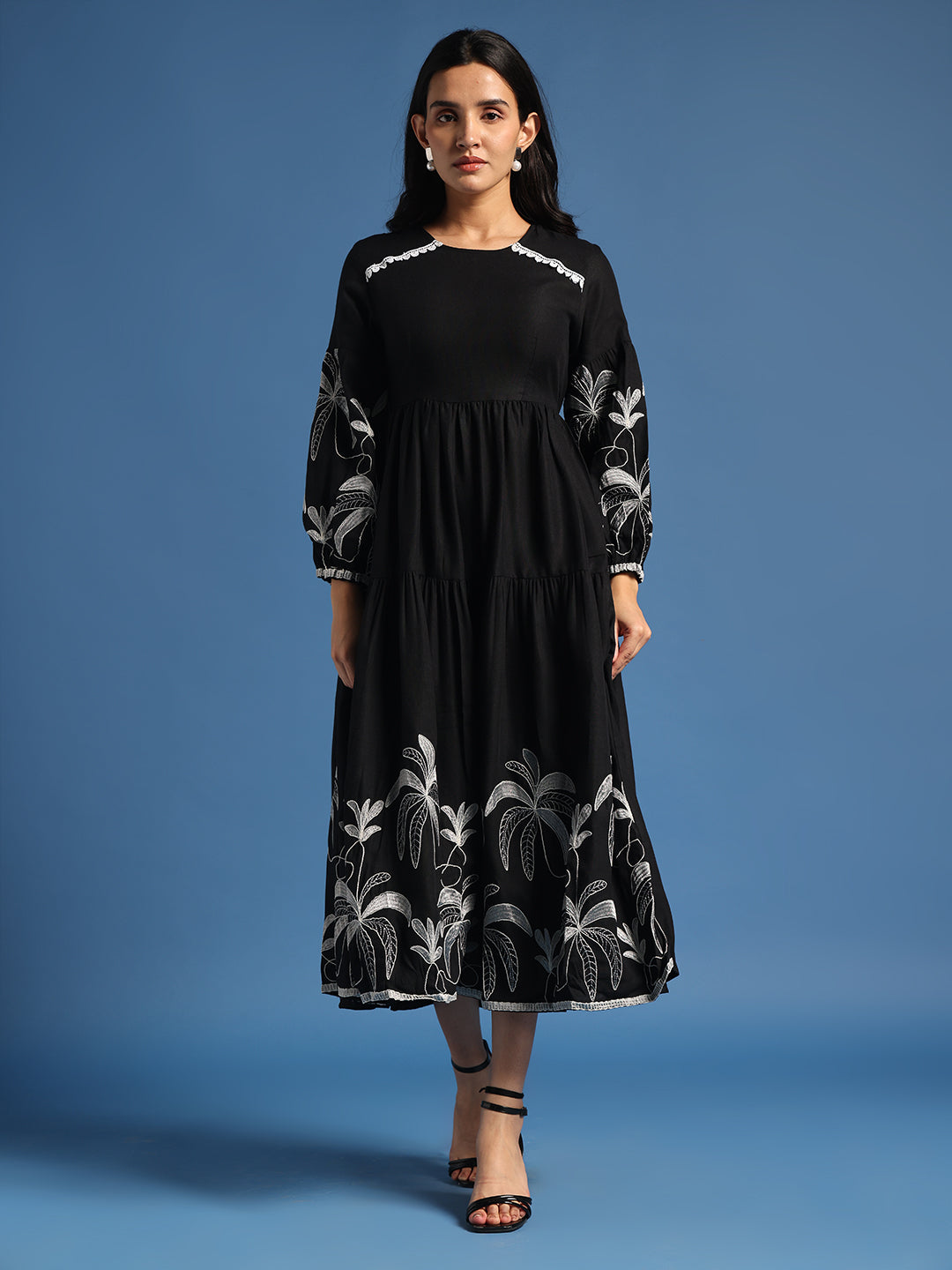 Black Floral Embroidered Tiered Midi Dress