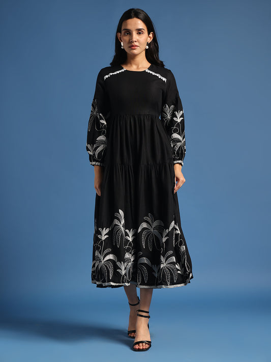 Black Floral Embroidered Tiered Midi Dress