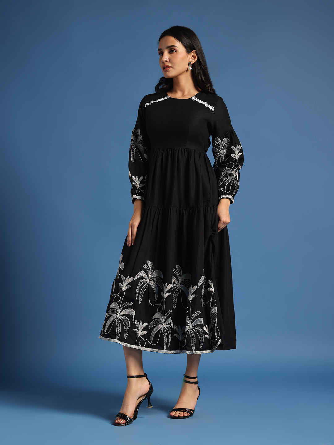 Black Floral Embroidered Tiered Midi Dress