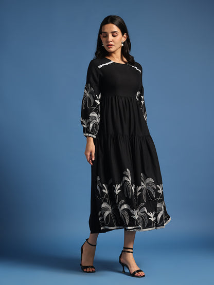 Black Floral Embroidered Tiered Midi Dress