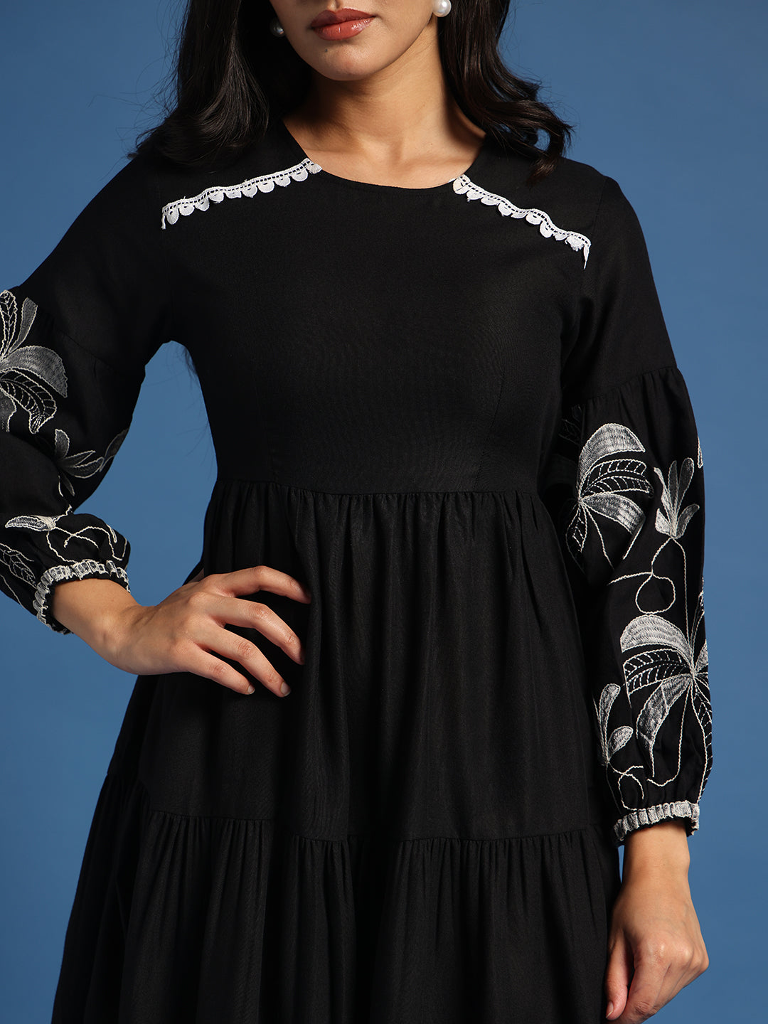 Black Floral Embroidered Tiered Midi Dress