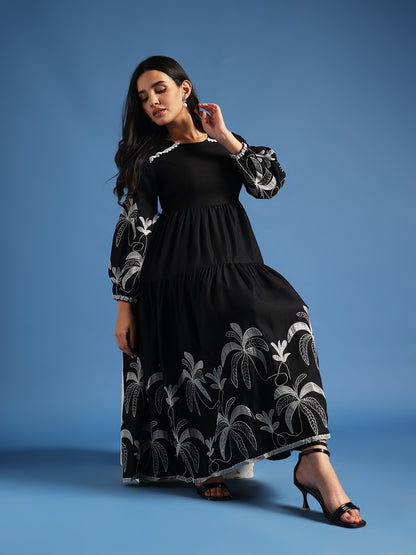 Black Floral Embroidered Tiered Midi Dress