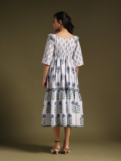 White  Floral Printed Tiered Midi Dress