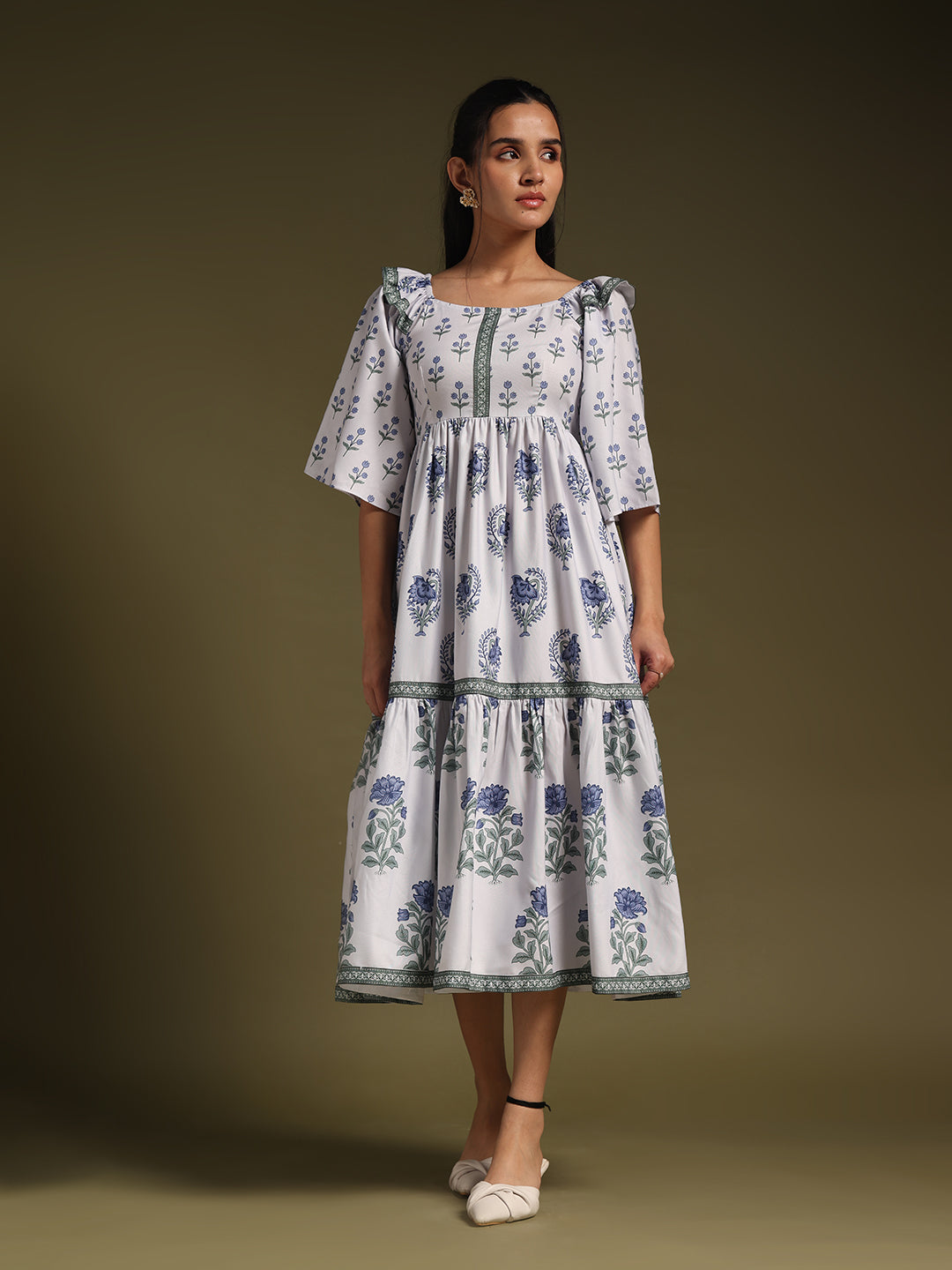 White  Floral Printed Tiered Midi Dress