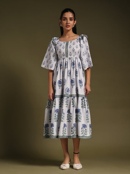 White  Floral Printed Tiered Midi Dress