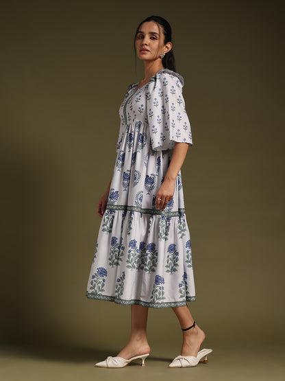 White  Floral Printed Tiered Midi Dress