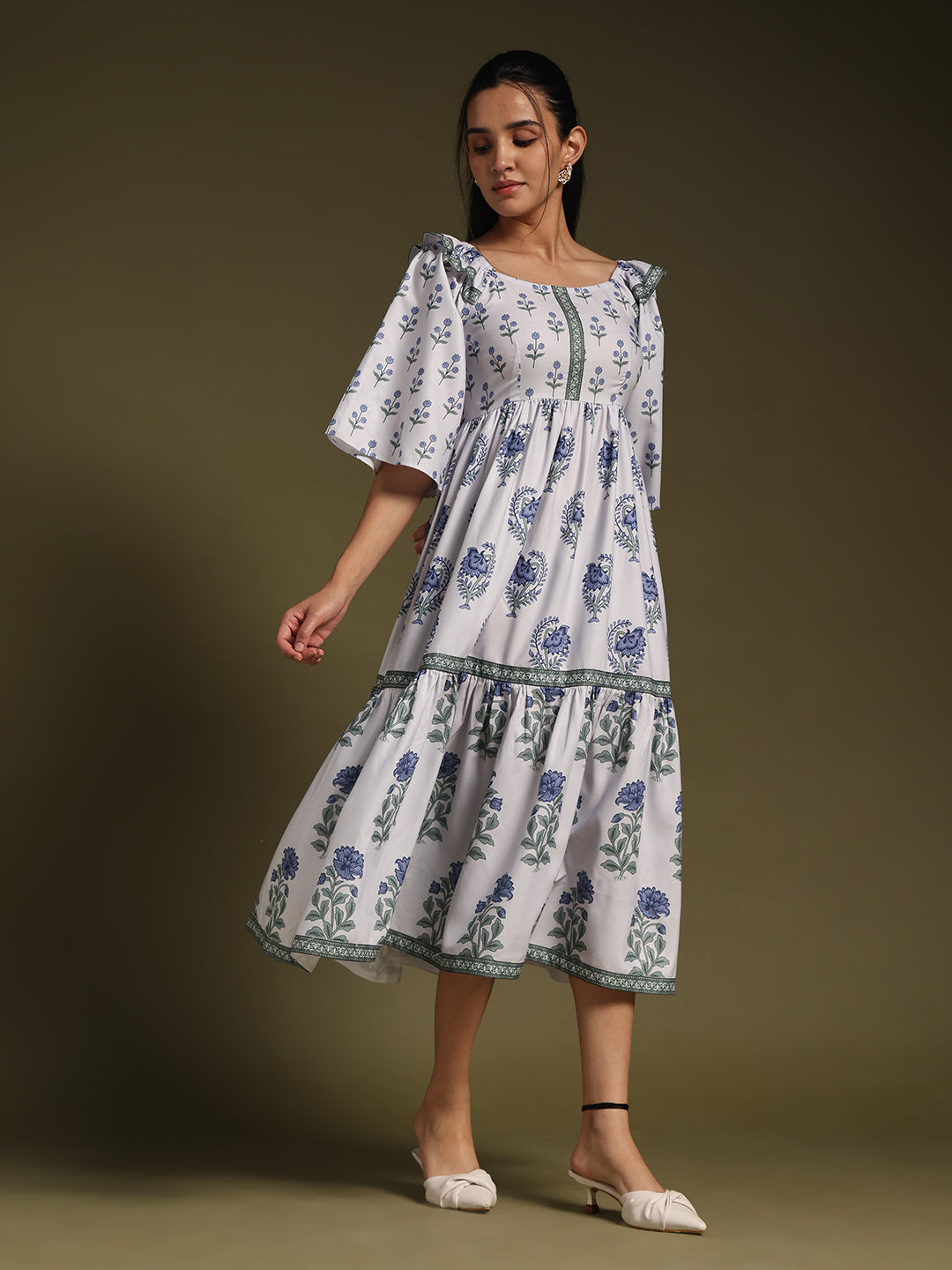White  Floral Printed Tiered Midi Dress