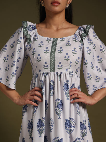 White  Floral Printed Tiered Midi Dress
