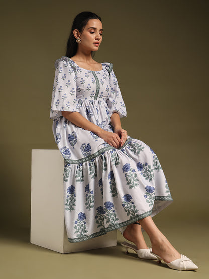 White  Floral Printed Tiered Midi Dress