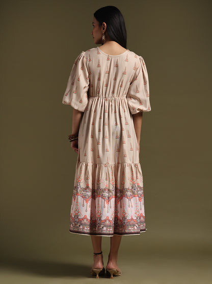 Mehndi & Peach Printed Tiered Midi Dress