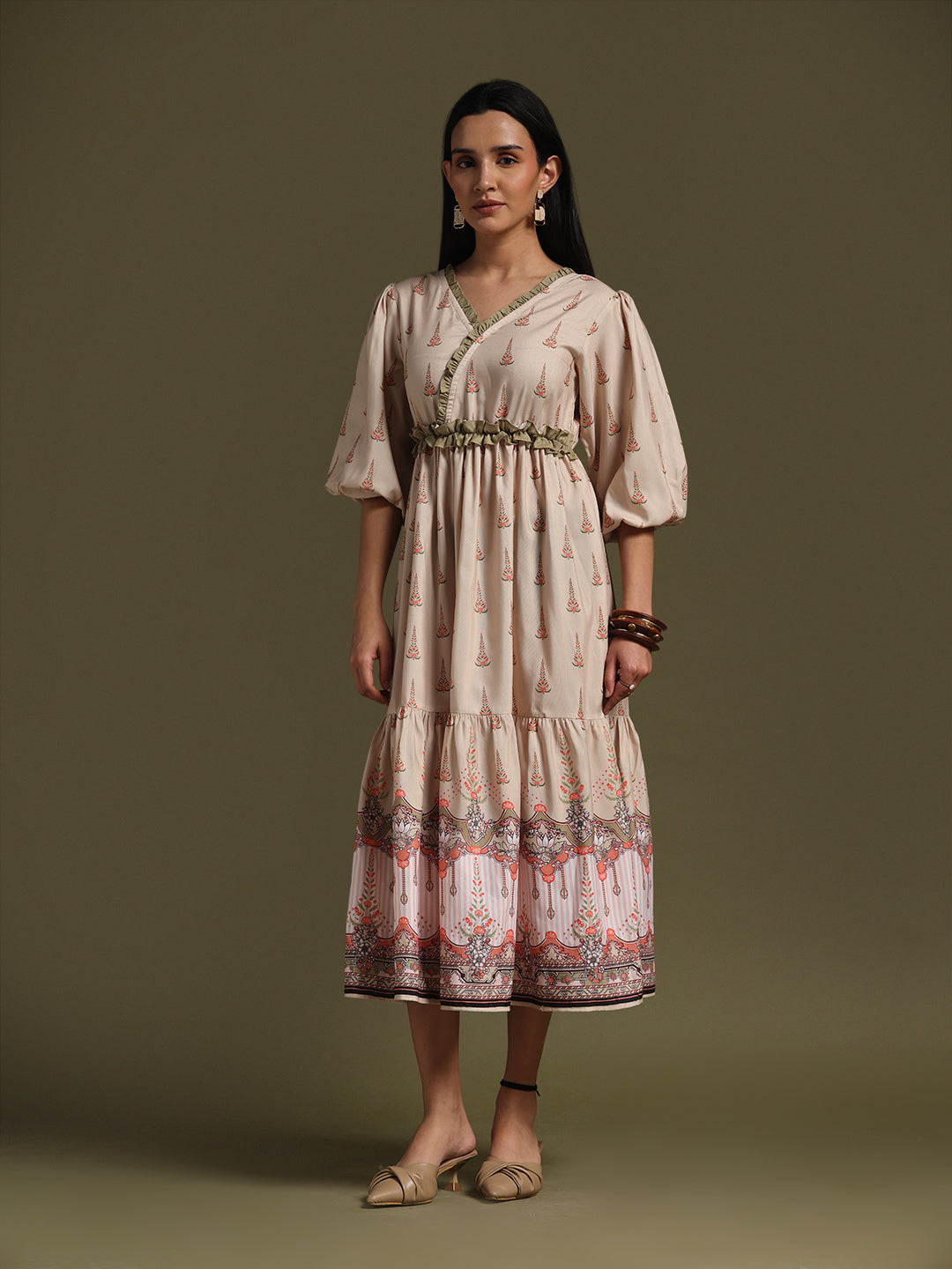 Mehndi & Peach Printed Tiered Midi Dress