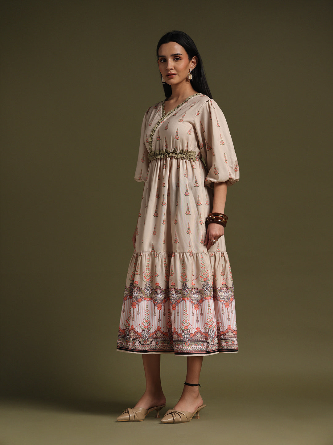 Mehndi & Peach Printed Tiered Midi Dress