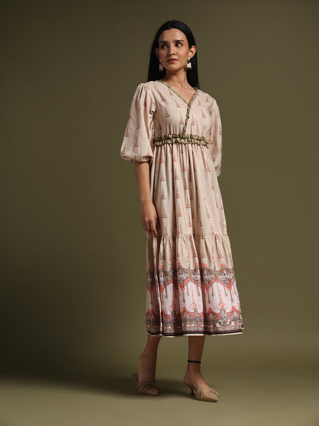 Mehndi & Peach Printed Tiered Midi Dress