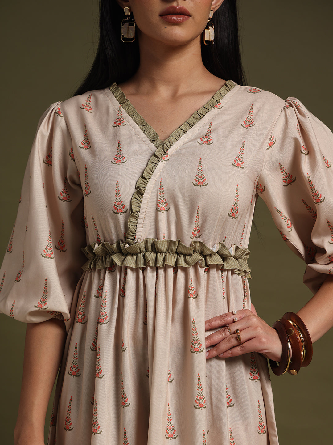 Mehndi & Peach Printed Tiered Midi Dress