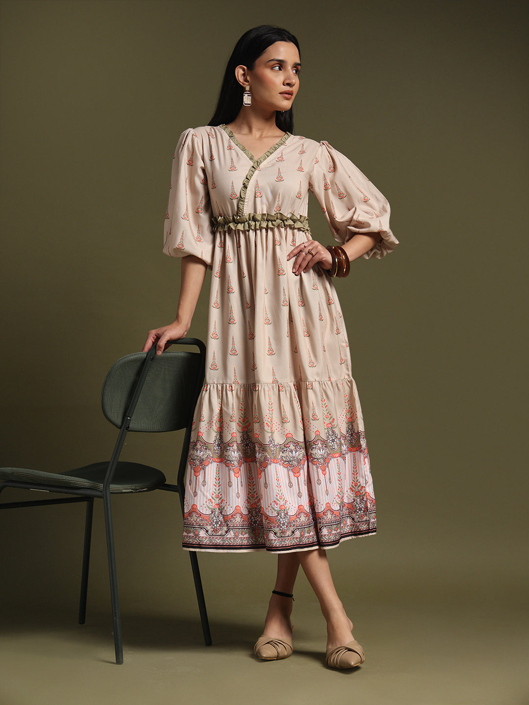 Mehndi & Peach Printed Tiered Midi Dress