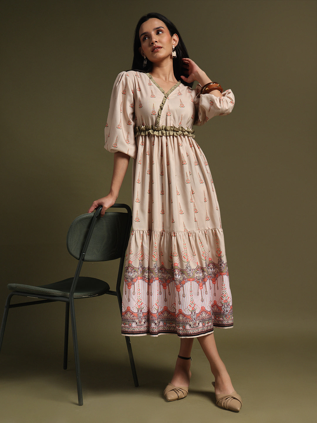 Mehndi & Peach Printed Tiered Midi Dress