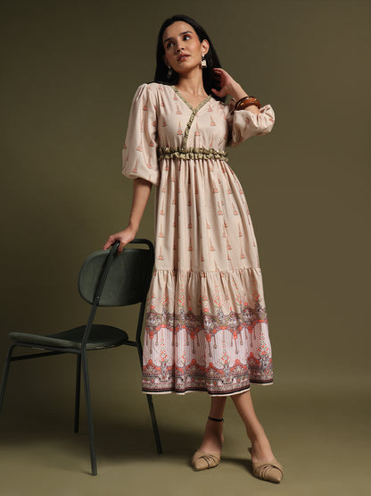 Mehndi & Peach Printed Tiered Midi Dress