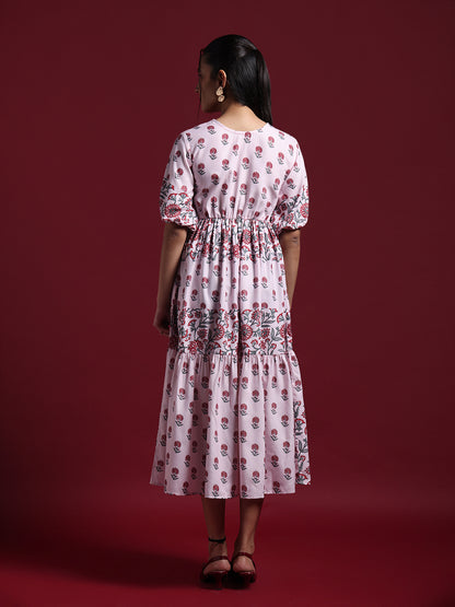 Pink Floral Printed Tiered Midi Dress
